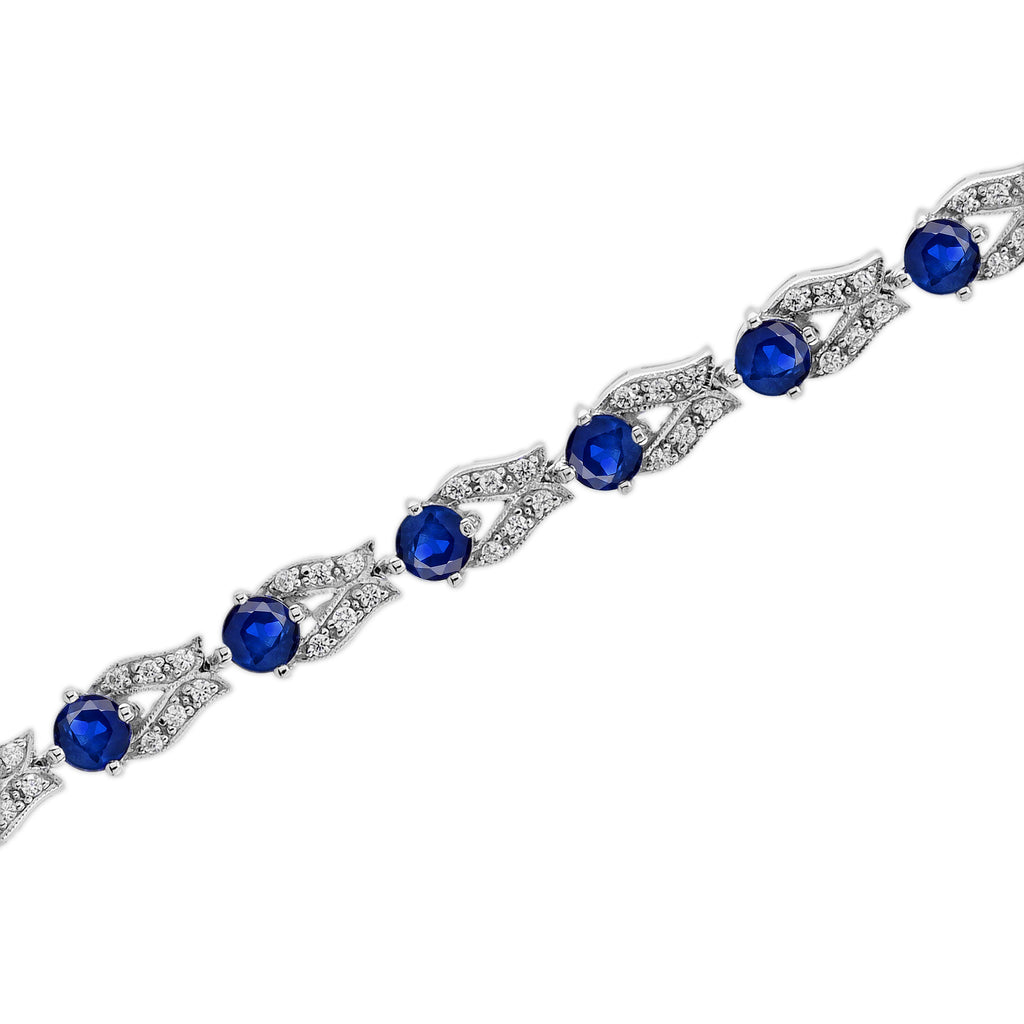 Blue Sapphire & Diamond Vintage Inspired Antique Style Link White Gold Bracelet