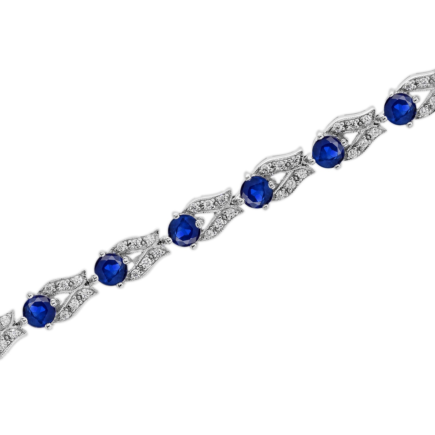 Blue Sapphire &amp; Diamond Vintage Inspired Antique Style Link White Gold Bracelet