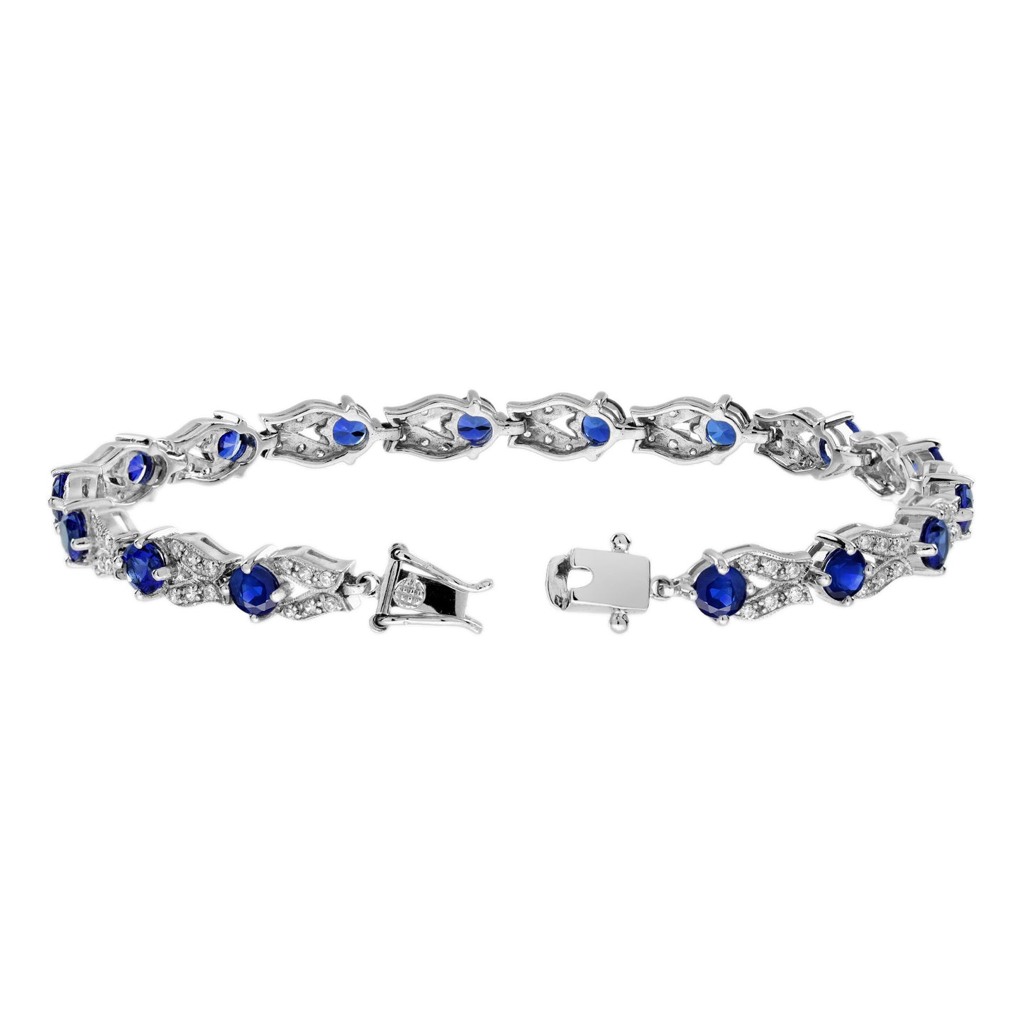 blue sapphire & diamond vintage inspired antique style link white gold bracelet