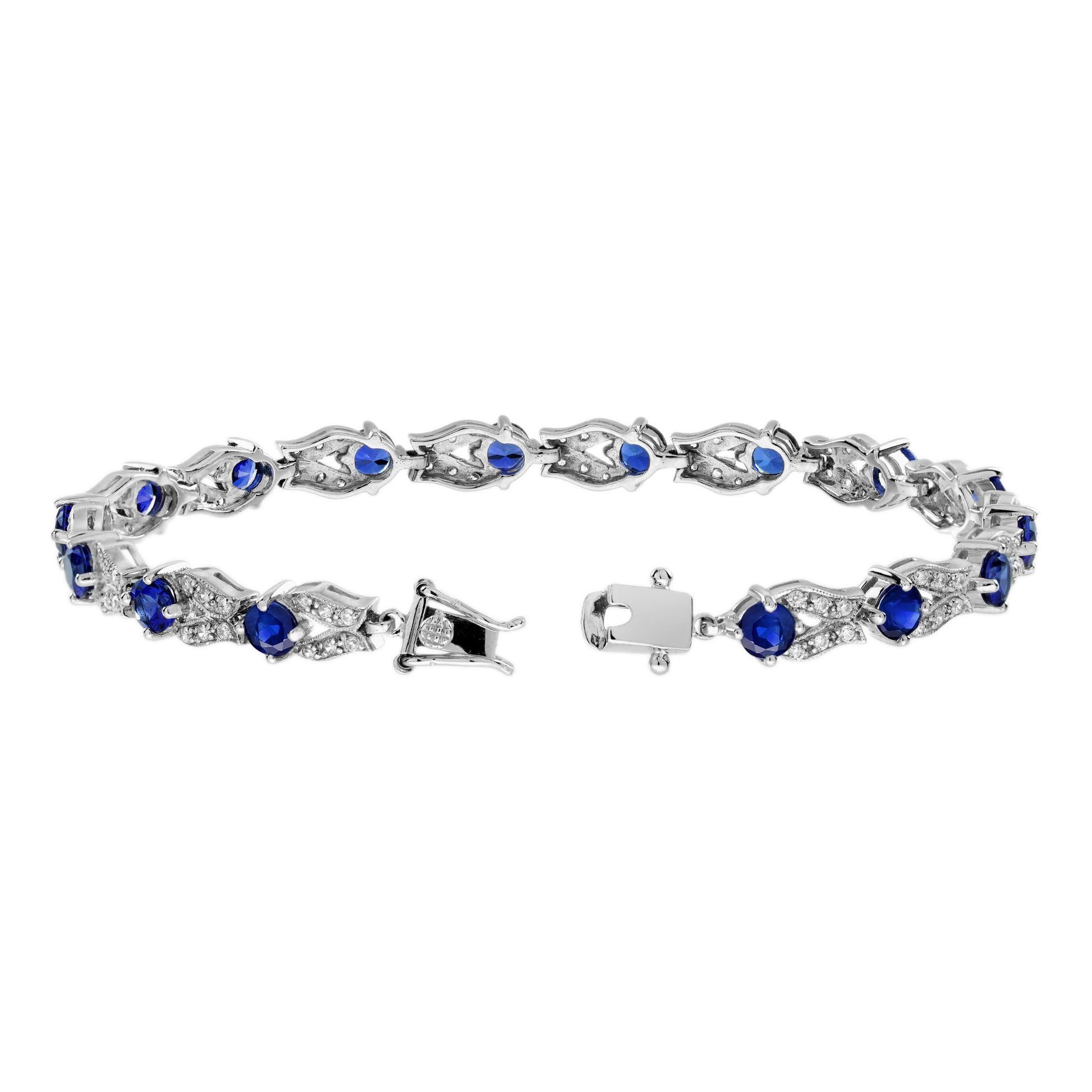 Blue Sapphire & Diamond Vintage Inspired Antique Style Link White Gold Bracelet