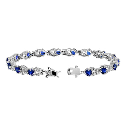 Blue Sapphire & Diamond Vintage Inspired Antique Style Link White Gold Bracelet