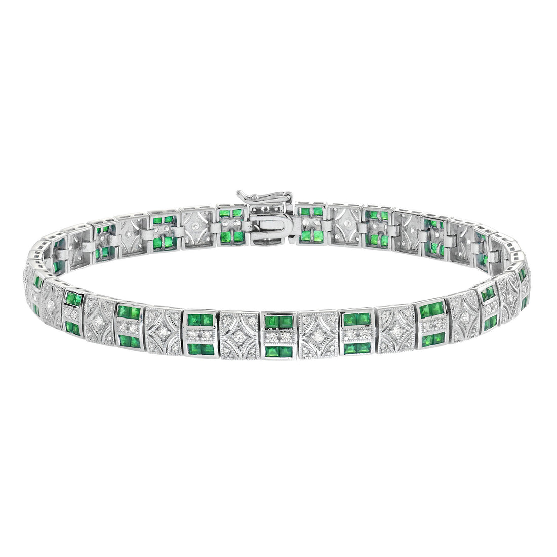 Art Deco Inspired Design Emerald & Diamond 14K White Gold Line Bracelet