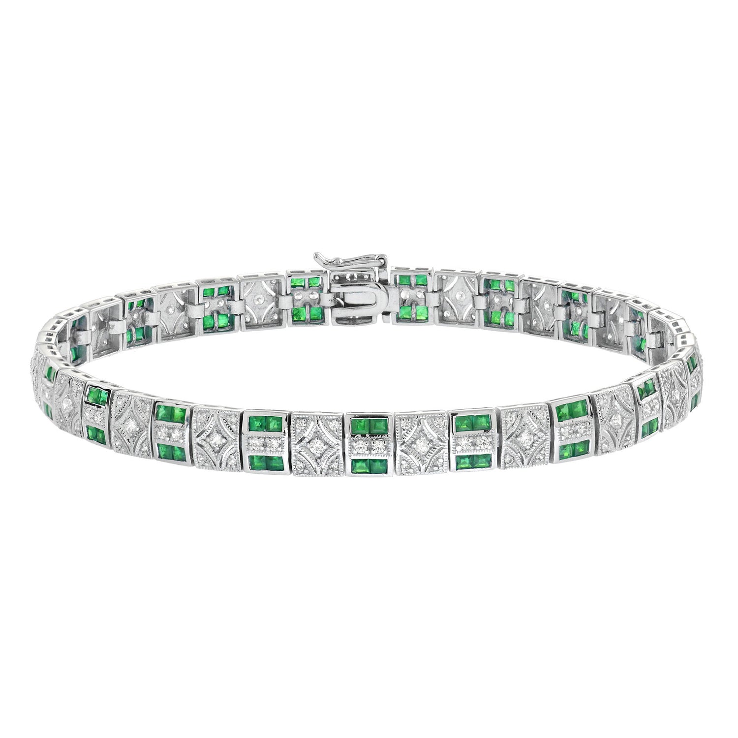 Art Deco Inspired Design Emerald &amp; Diamond 14K White Gold Line Bracelet