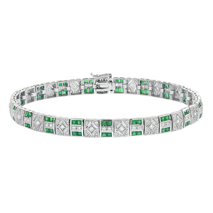 Art Deco Inspired Design Emerald & Diamond 14K White Gold Line Bracelet