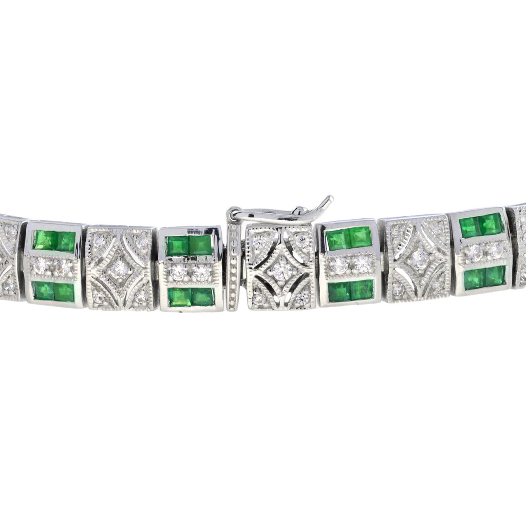 4.56 ctw Art Deco Style Emerald French Cut Geometric Line 14K White Gold Bracelet