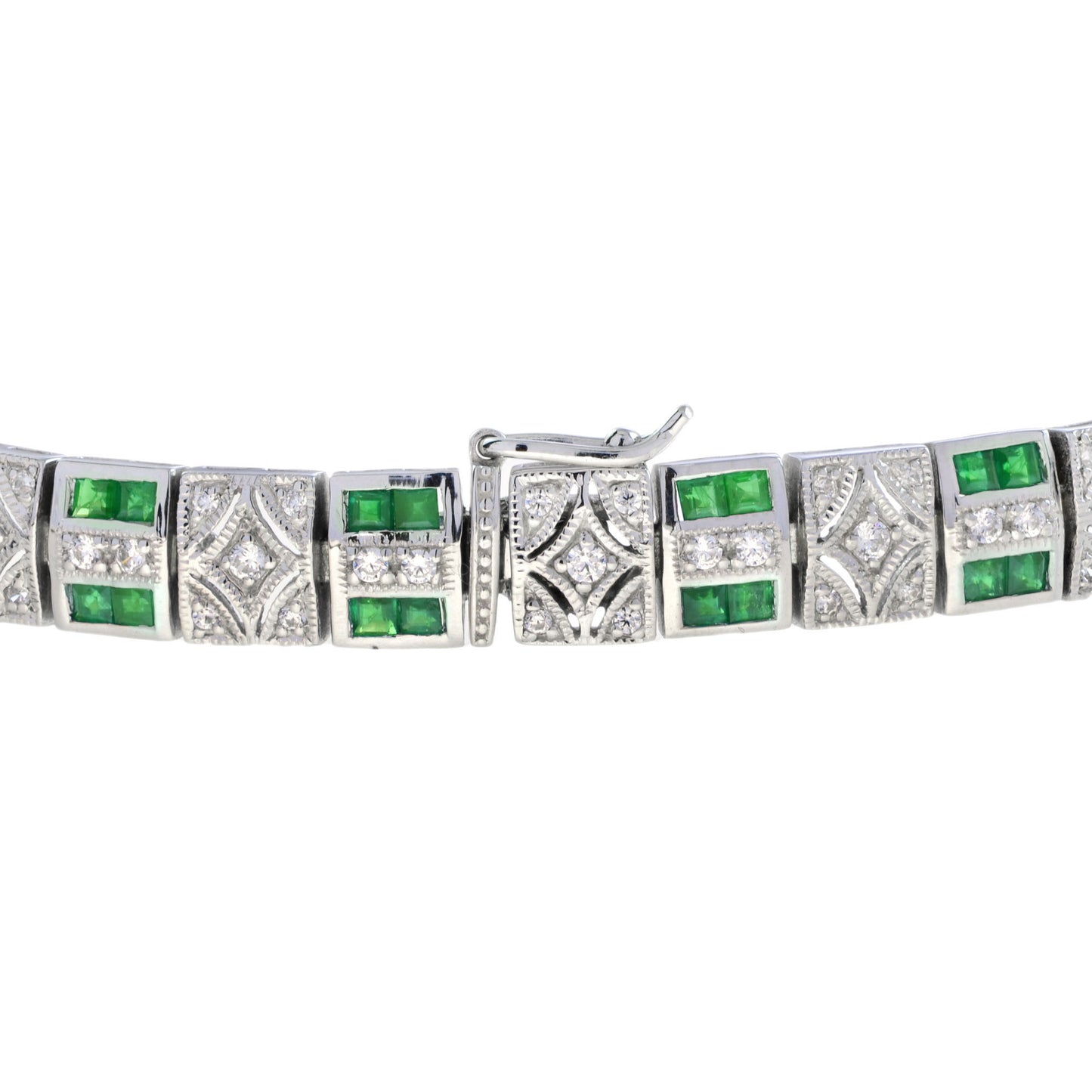 art deco inspired design emerald & diamond 14k white gold line bracelet