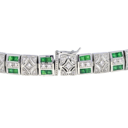 Art Deco Inspired Design Emerald & Diamond 14K White Gold Line Bracelet