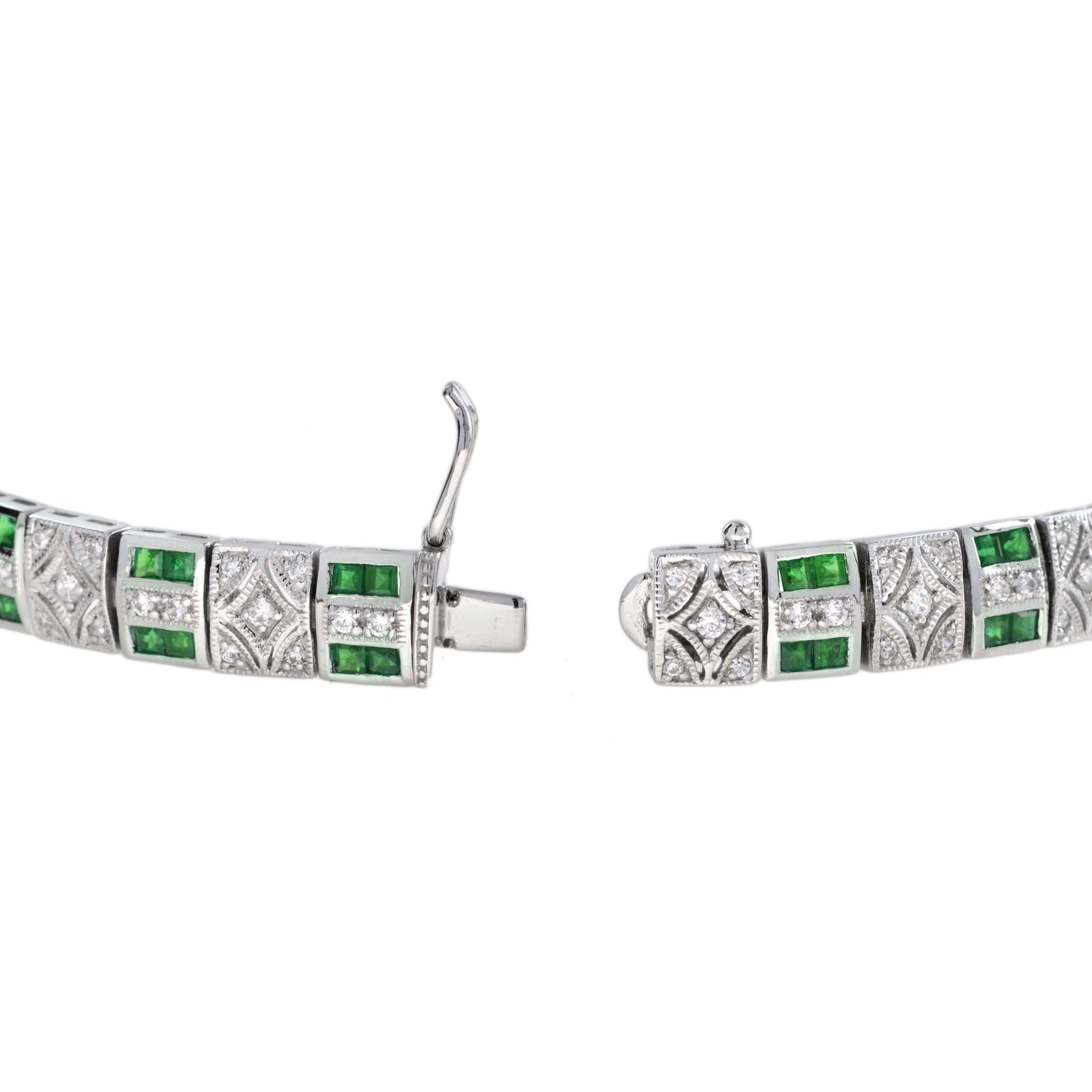 Art Deco Inspired Design Emerald &amp; Diamond 14K White Gold Line Bracelet