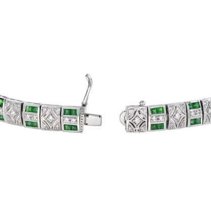 Art Deco Inspired Design Emerald & Diamond 14K White Gold Line Bracelet