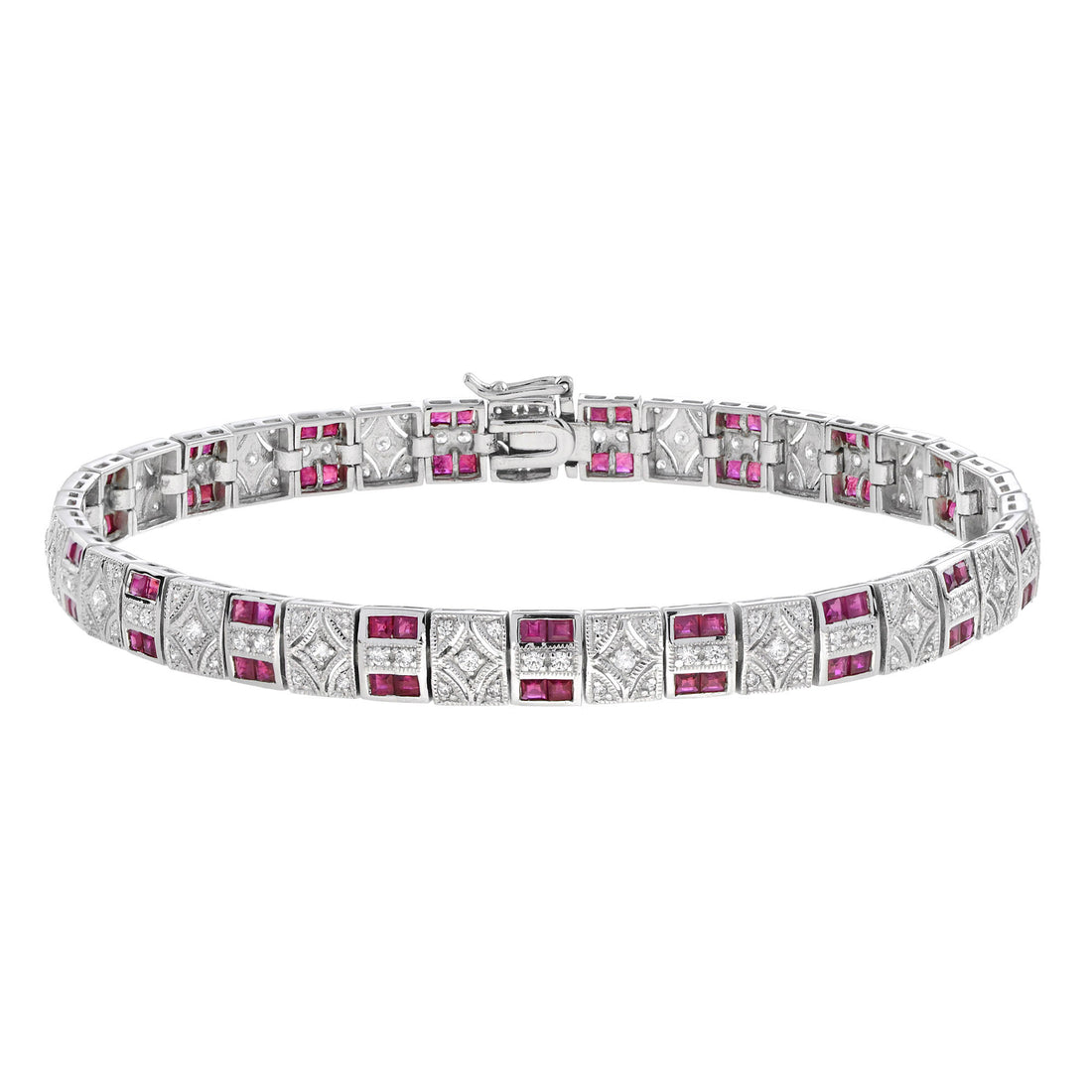 Art Deco Design Red Pink Ruby & Diamond 14K White Gold Tennis Line Bracelet