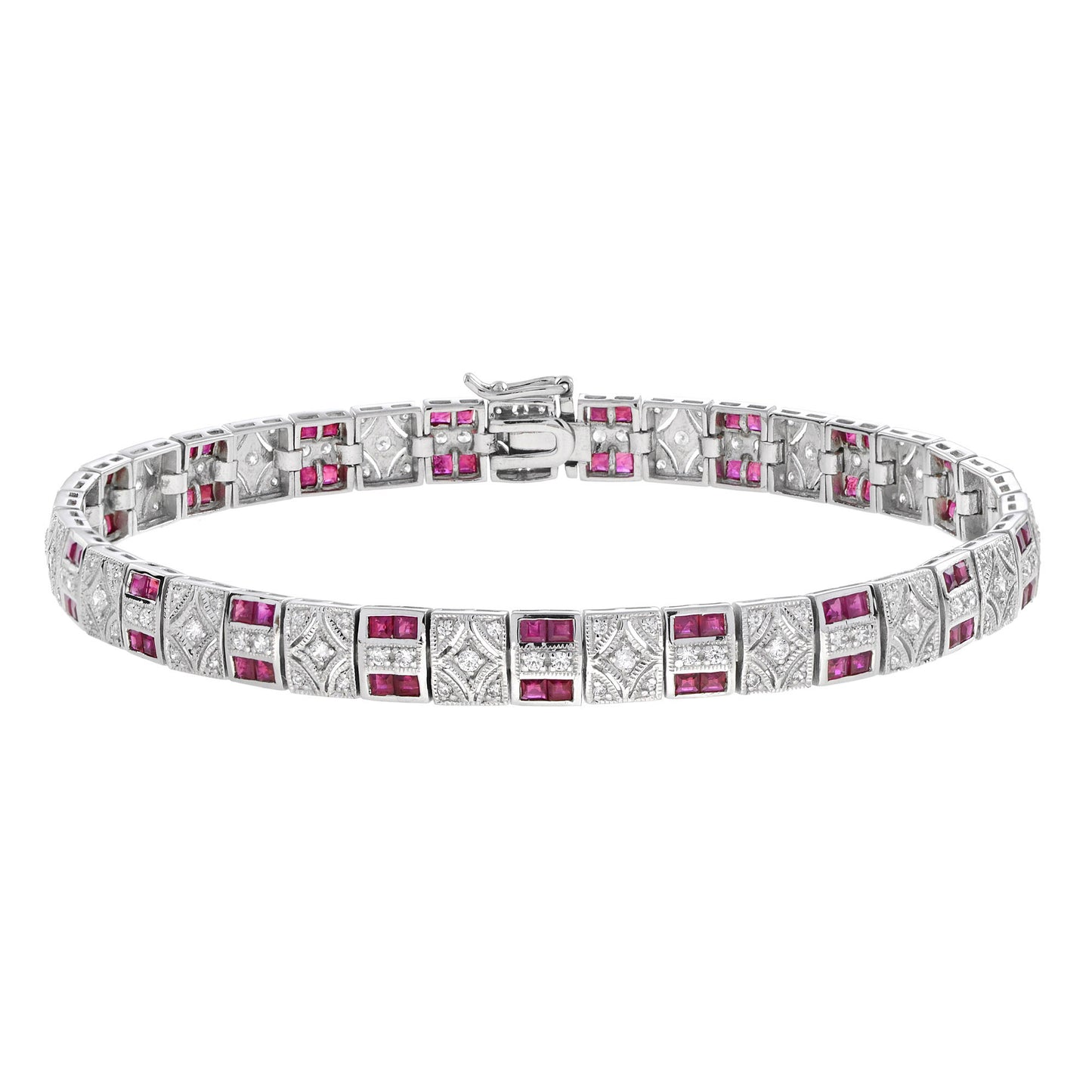 art deco design red pink ruby & diamond 14k white gold tennis line bracelet