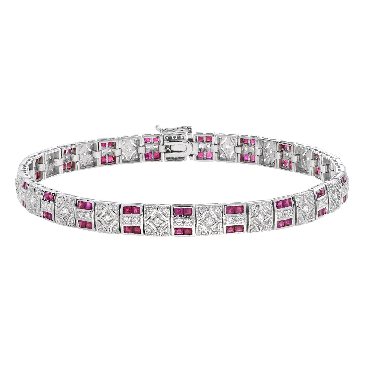 Art Deco Design Red Pink Ruby &amp; Diamond 14K White Gold Tennis Line Bracelet