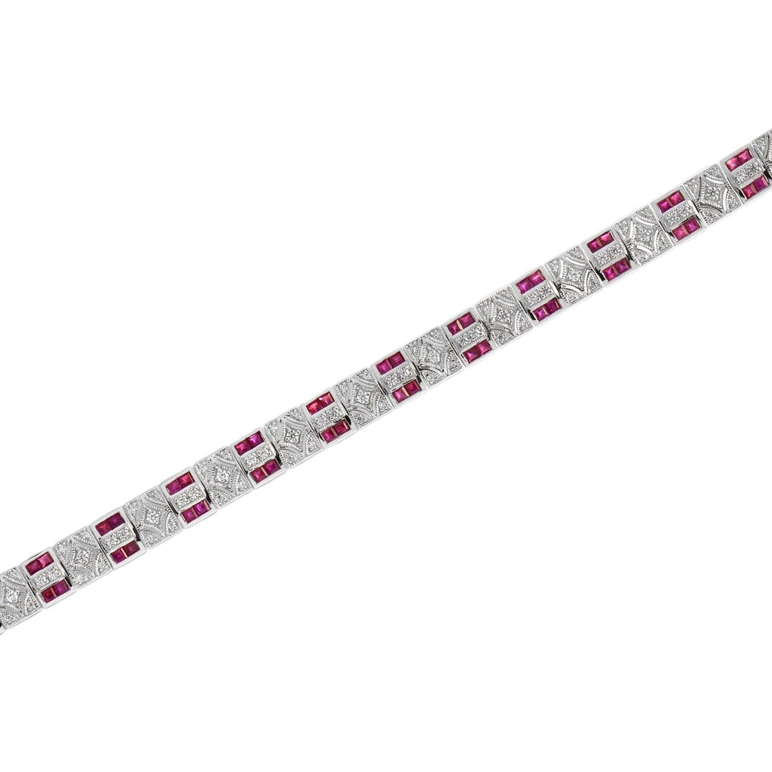 Art Deco Design Red Pink Ruby &amp; Diamond 14K White Gold Tennis Line Bracelet