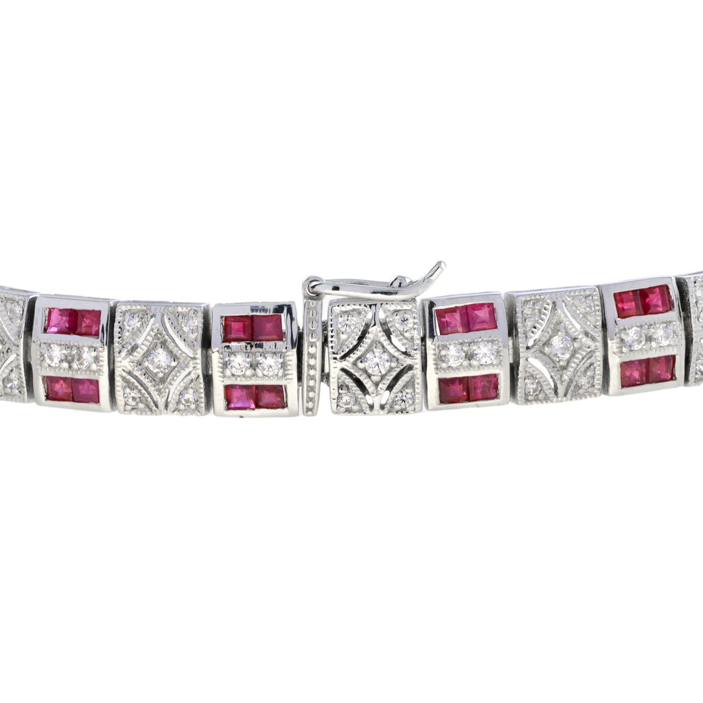 Art Deco Design Red Pink Ruby & Diamond 14K White Gold Tennis Line Bracelet