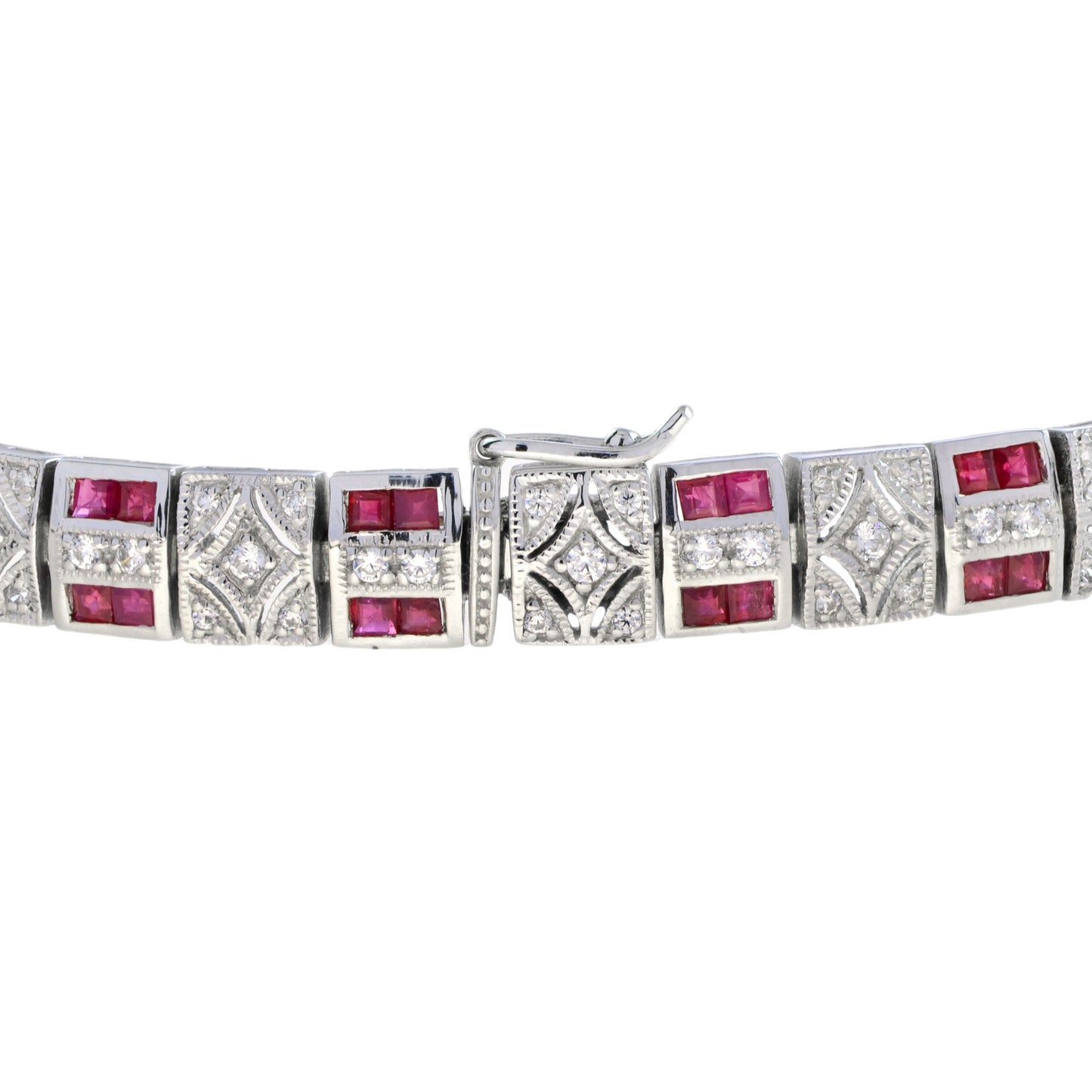 art deco design red pink ruby & diamond 14k white gold tennis line bracelet