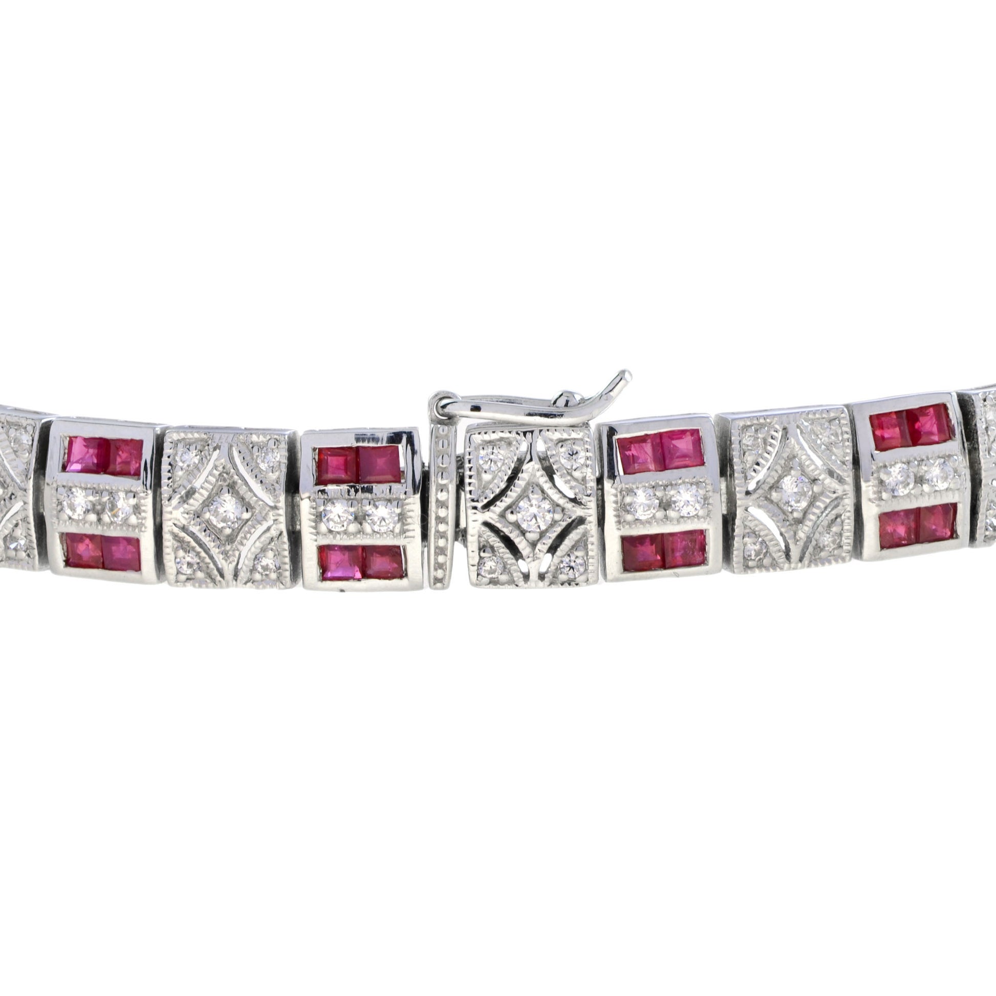 Art Deco Design Red Pink Ruby & Diamond 14K White Gold Tennis Line Bracelet