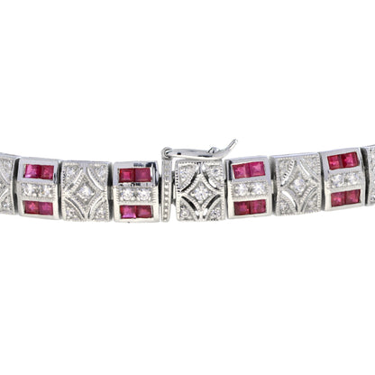 Art Deco Design Red Pink Ruby & Diamond 14K White Gold Tennis Line Bracelet