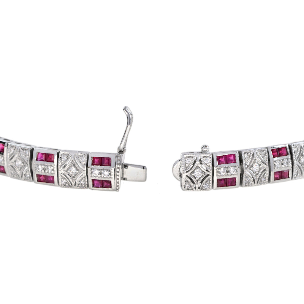 Art Deco Design Red Pink Ruby & Diamond 14K White Gold Tennis Line Bracelet