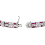 Art Deco Design Red Pink Ruby & Diamond 14K White Gold Tennis Line Bracelet