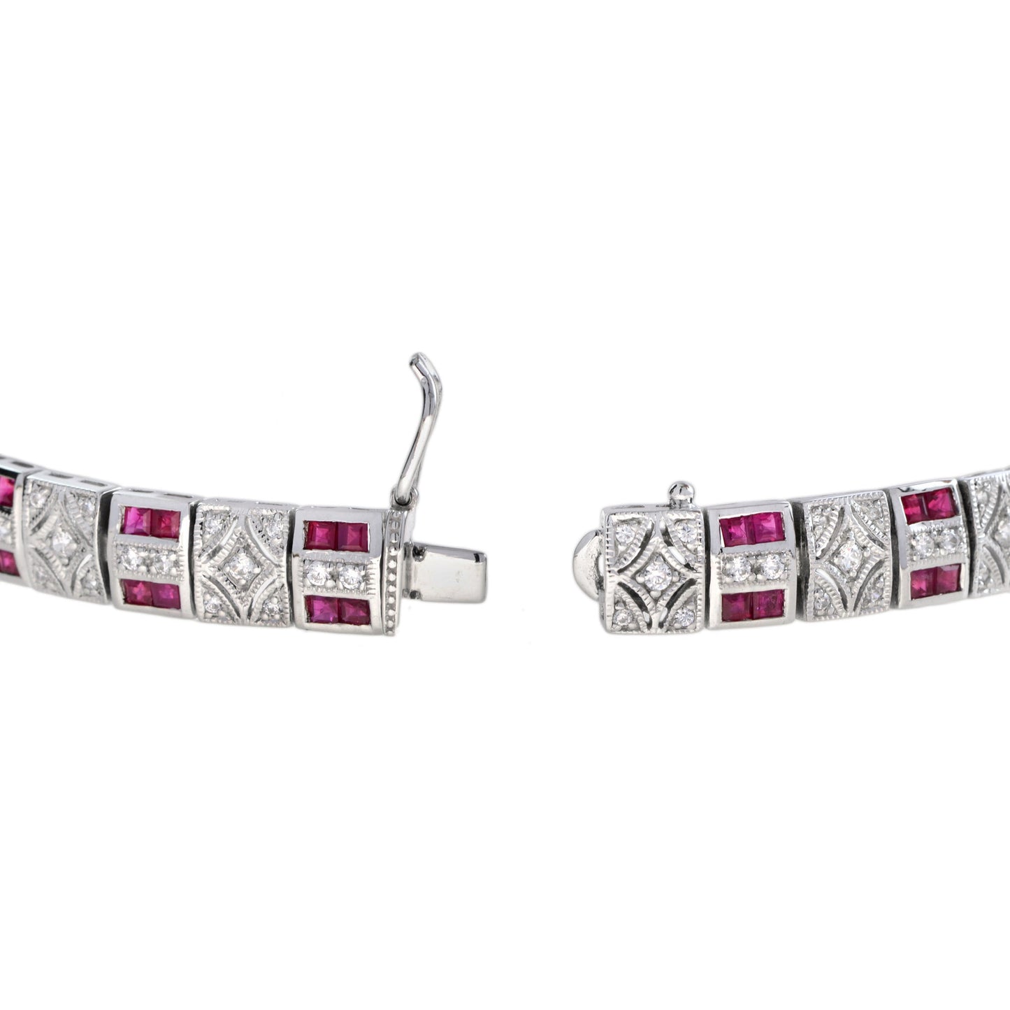 art deco design red pink ruby & diamond 14k white gold tennis line bracelet