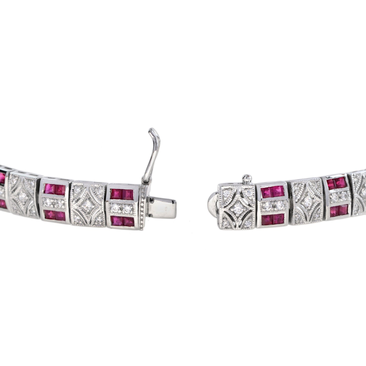 Art Deco Design Red Pink Ruby &amp; Diamond 14K White Gold Tennis Line Bracelet