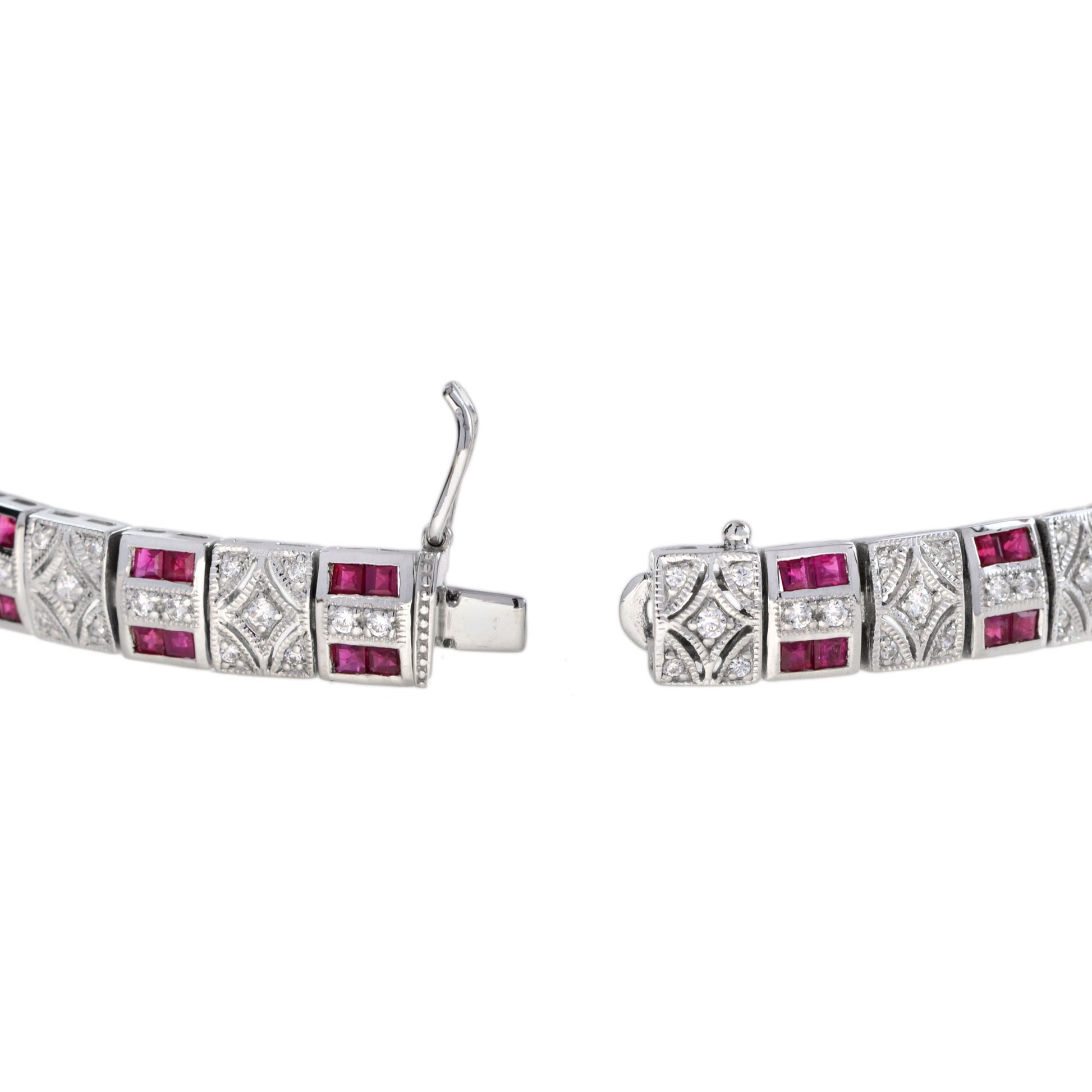 Art Deco Design Red Pink Ruby & Diamond 14K White Gold Tennis Line Bracelet