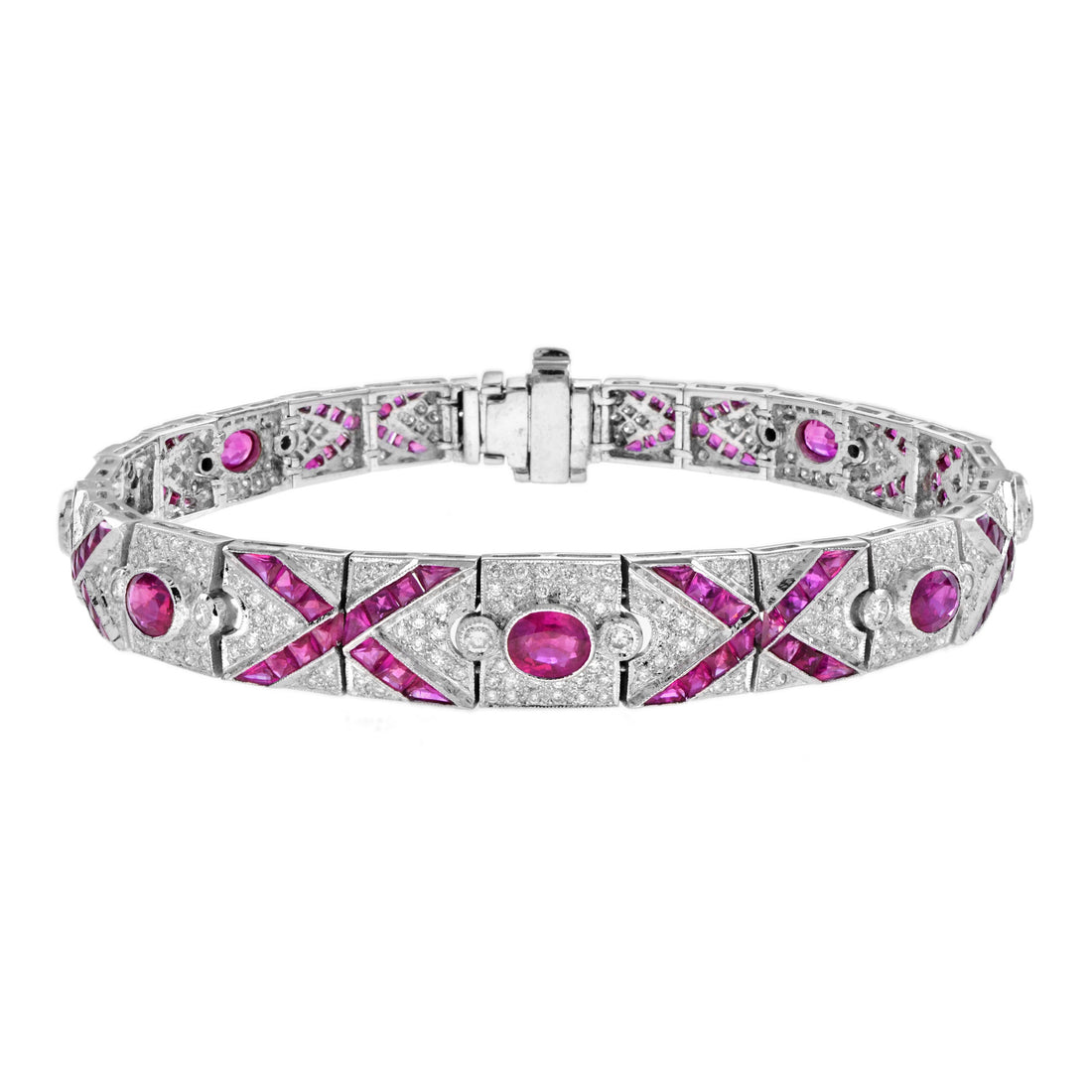 Art Deco Style Pink Red Ruby & Diamond Pattern Tennis 18K White Gold Bracelet