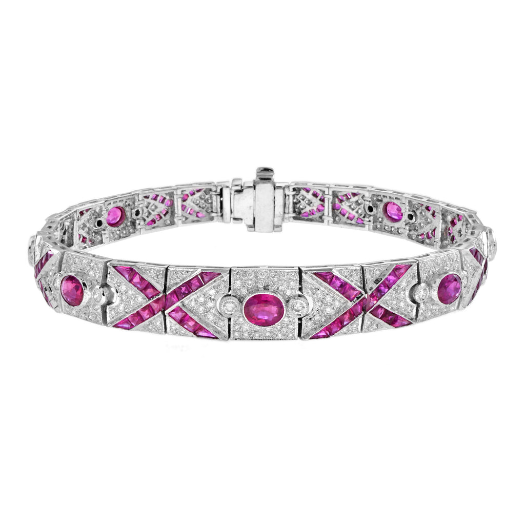 Art Deco Style Pink Red Ruby & Diamond Pattern Tennis 18K White Gold Bracelet