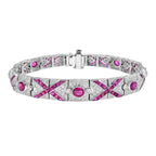 Art Deco Style Pink Red Ruby & Diamond Pattern Tennis 18K White Gold Bracelet
