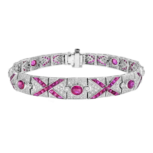 Art Deco Style Pink Red Ruby & Diamond Pattern Tennis 18K White Gold Bracelet