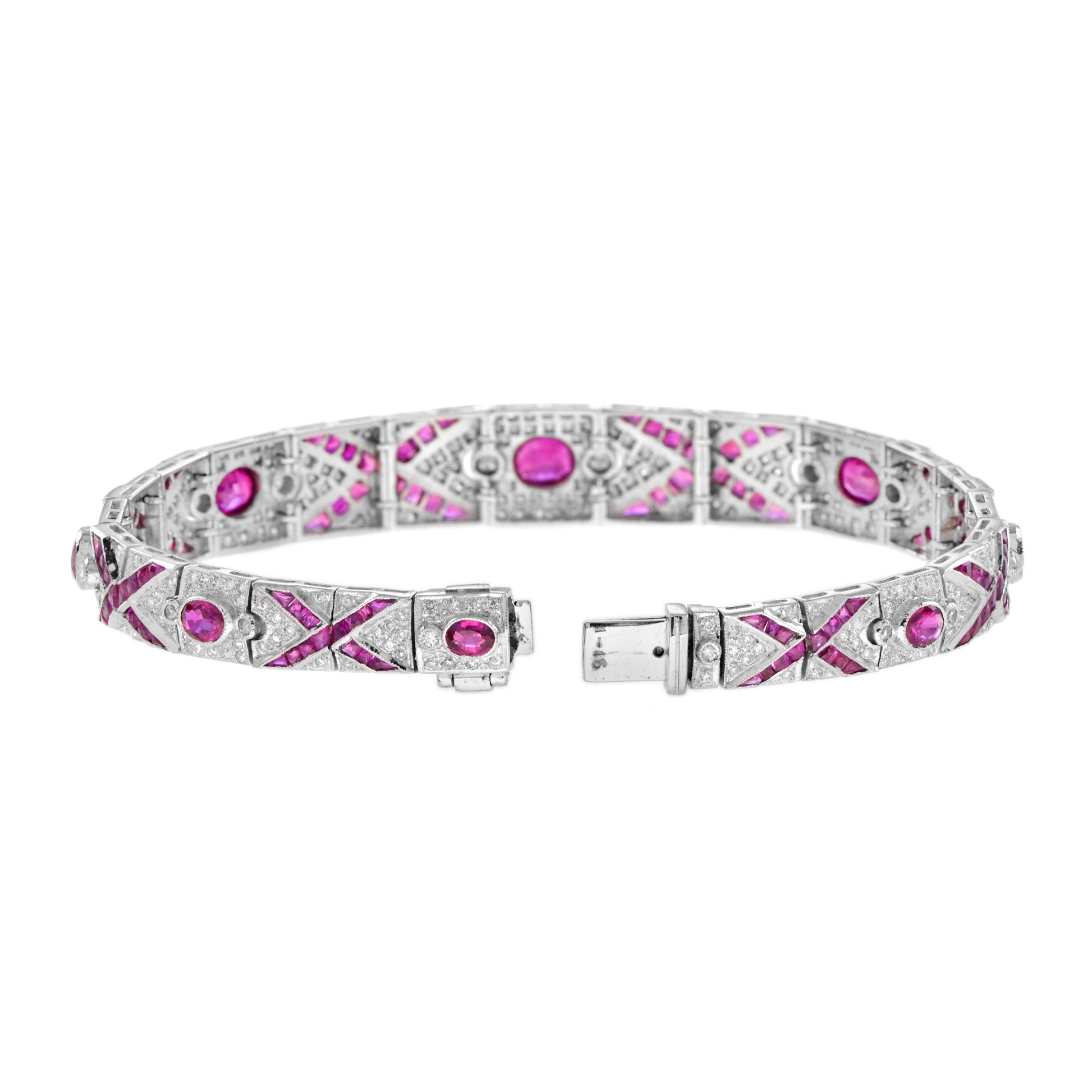 Art Deco Style Pink Red Ruby & Diamond Pattern Tennis 18K White Gold Bracelet