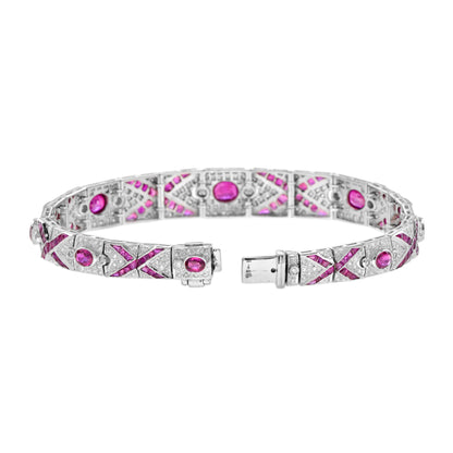 Art Deco Style Pink Red Ruby & Diamond Pattern Tennis 18K White Gold Bracelet