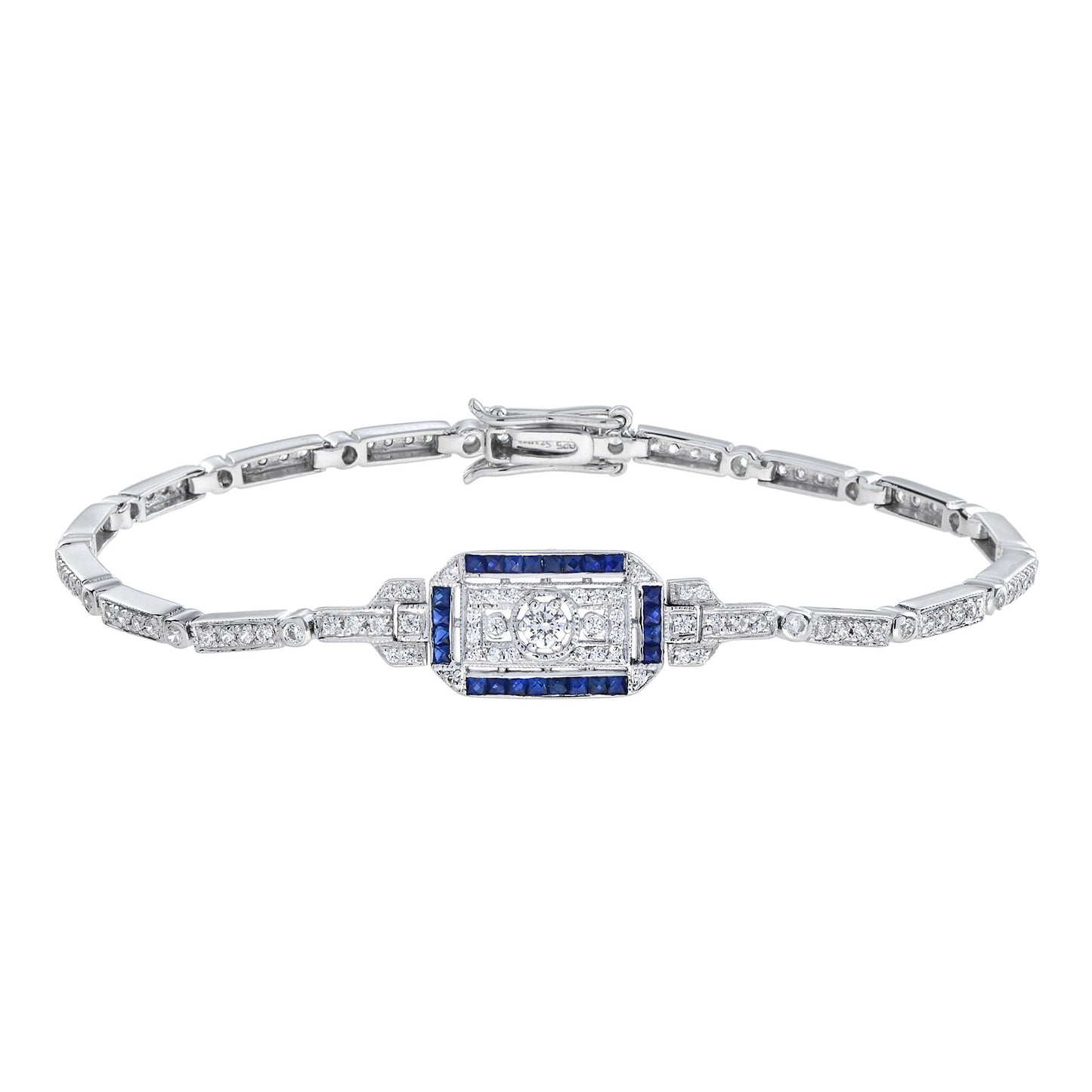 diamond & blue sapphire art deco style white gold bracelet