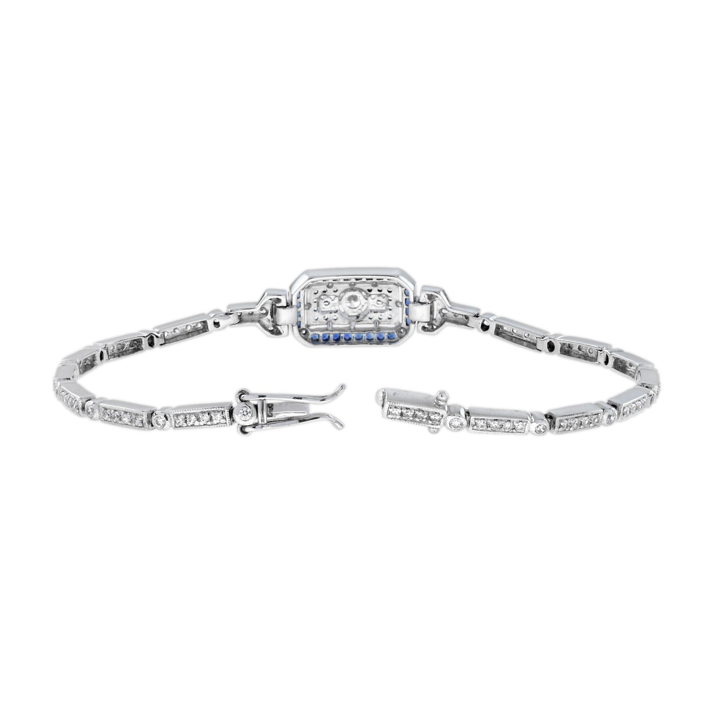 diamond & blue sapphire art deco style white gold bracelet