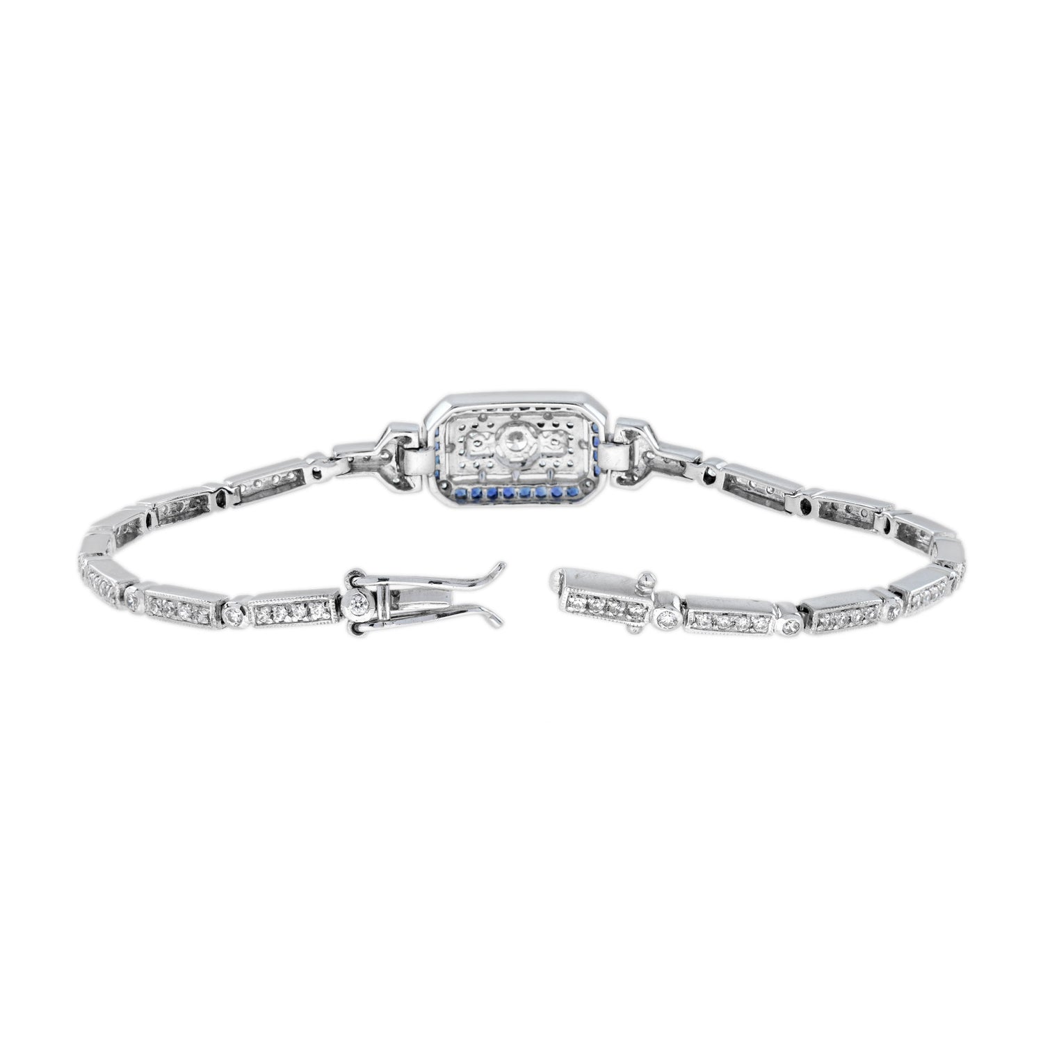 Diamond &amp; Blue Sapphire Art Deco Style White Gold Bracelet