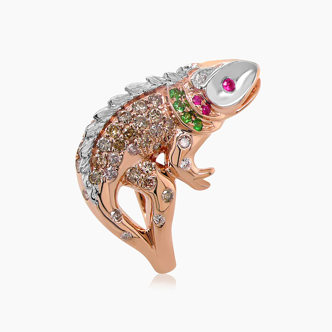 Lizard Chameleon Ruby & Diamond Pave & Green 18K Rose & White Gold Animal Ring