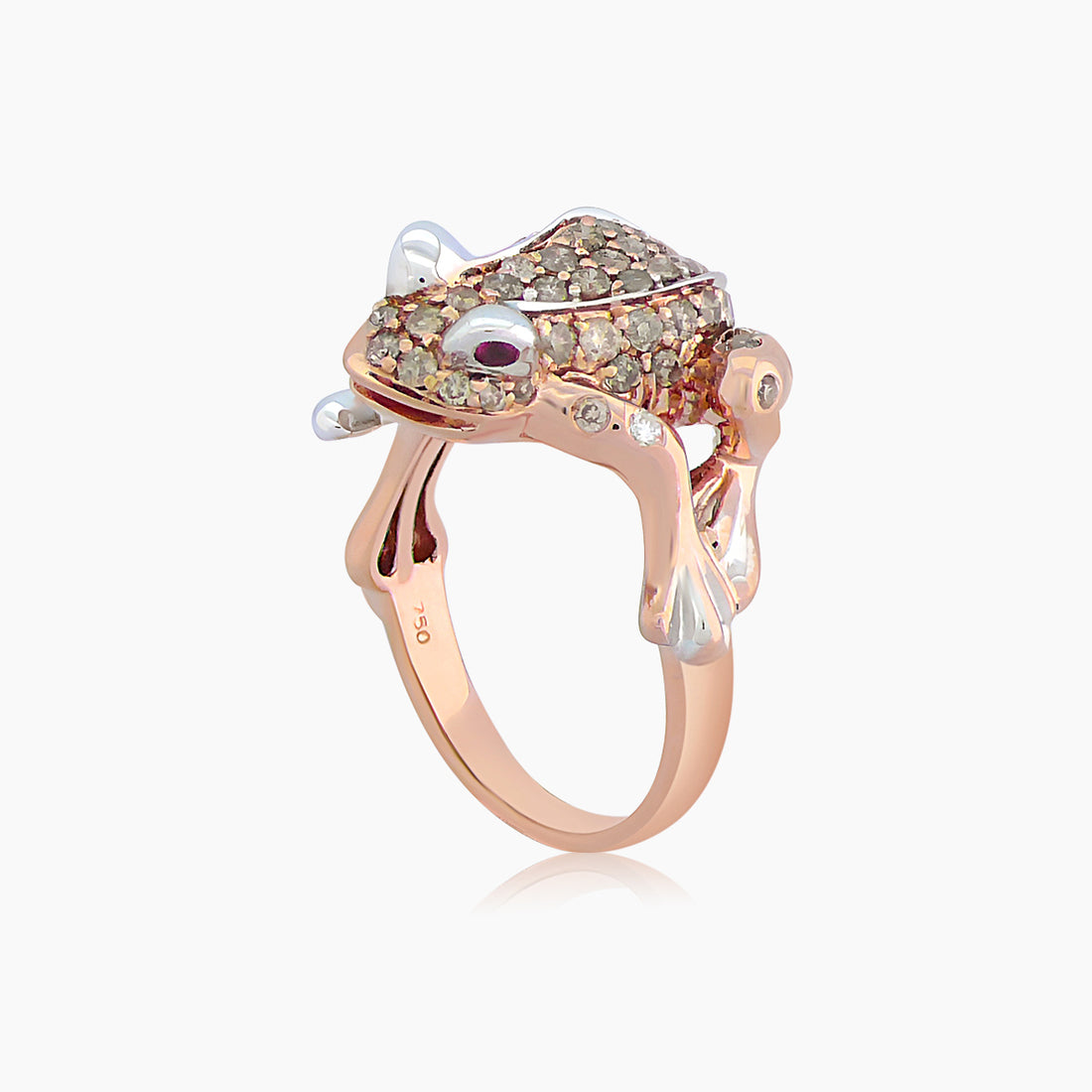 Frog Brown Diamond Pave &amp; Ruby 18K Rose Gold Animal Ring
