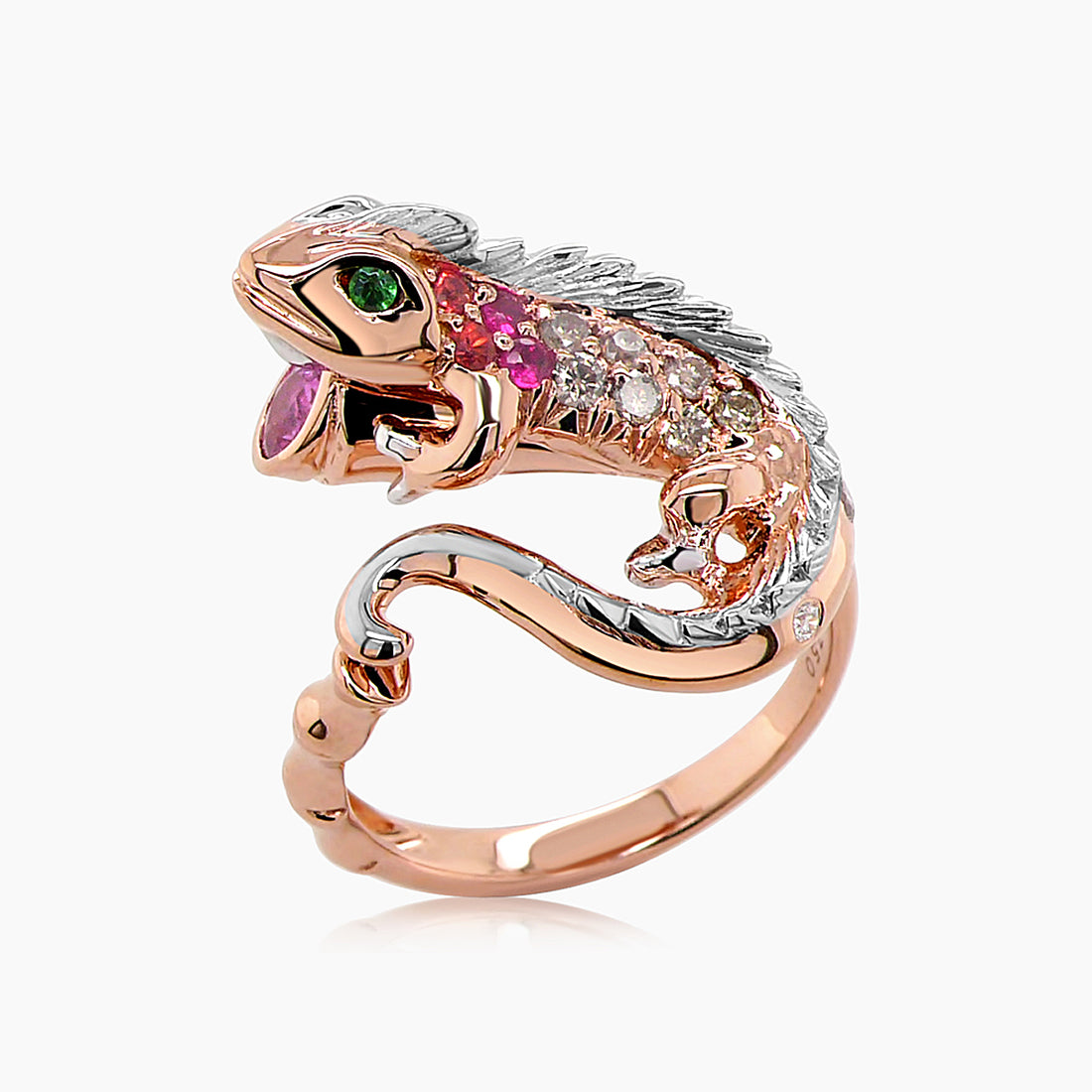 Lizard Chameleon Ruby & Diamond Pave & Gems 18K Rose & White Gold Animal Ring