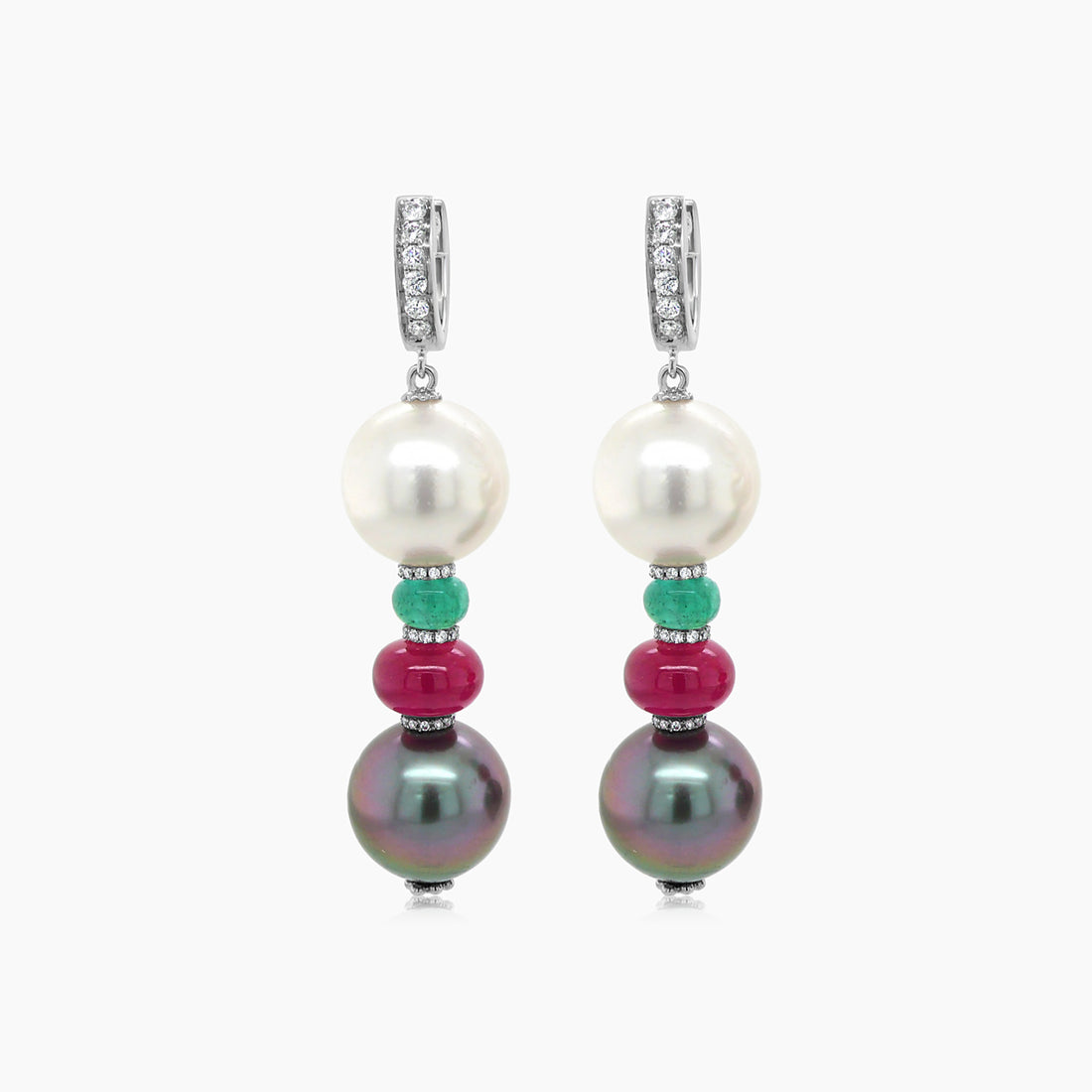 South Sea Black & White Pearl & Ruby & Emerald & Diamond 18K White Gold Earrings
