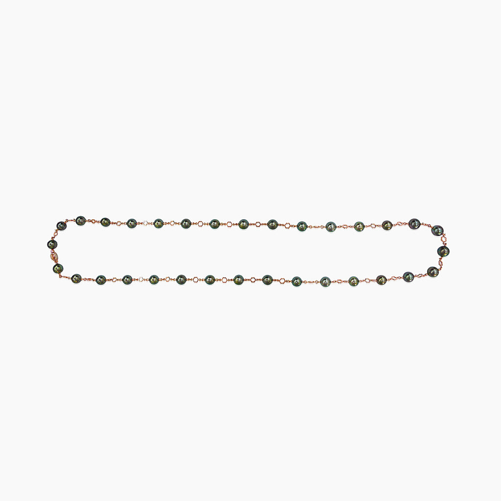 Tahitian Black Pearl & White Diamond 18K Rose Gold Bead Chain Link Necklace