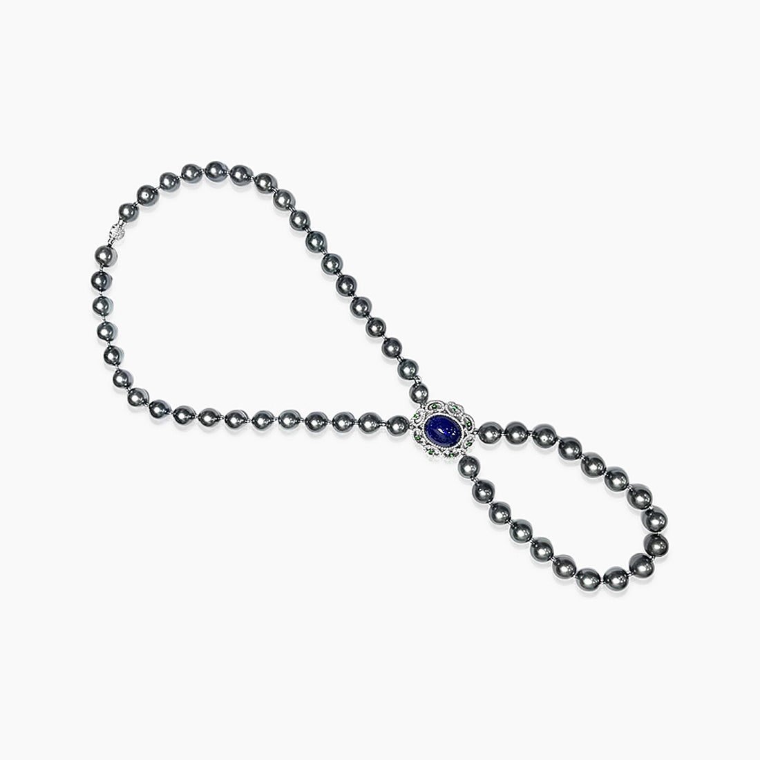 Black Tahitian Pearl & Blue Tanzanite & Diamond & Garnet 18K White Gold Necklace