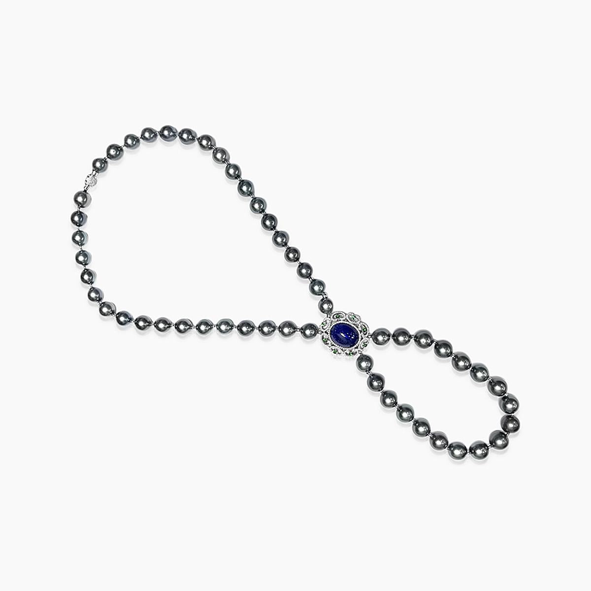 black tahitian pearl & blue tanzanite & diamond & garnet 18k white gold necklace