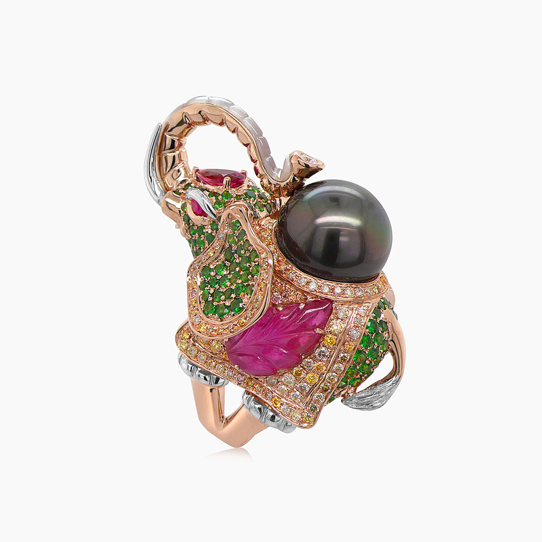 Elephant Diamonds Pave & Ruby & Tourmaline & Pearl 18K Rose & White Gold Ring