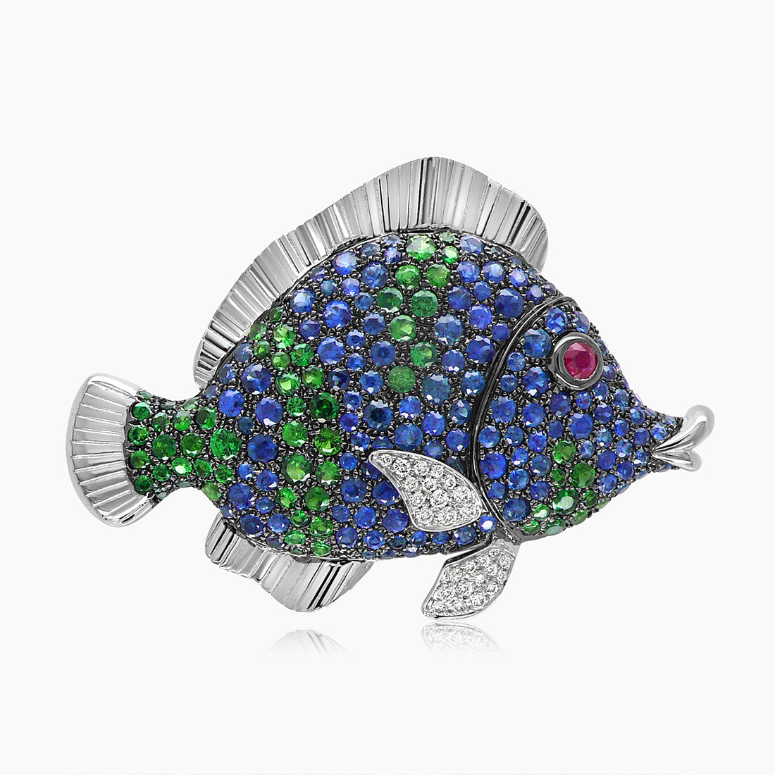 Sea Fish Blue Sapphire & Diamond & Green Garnet & Ruby 18K White Gold Pin Brooch