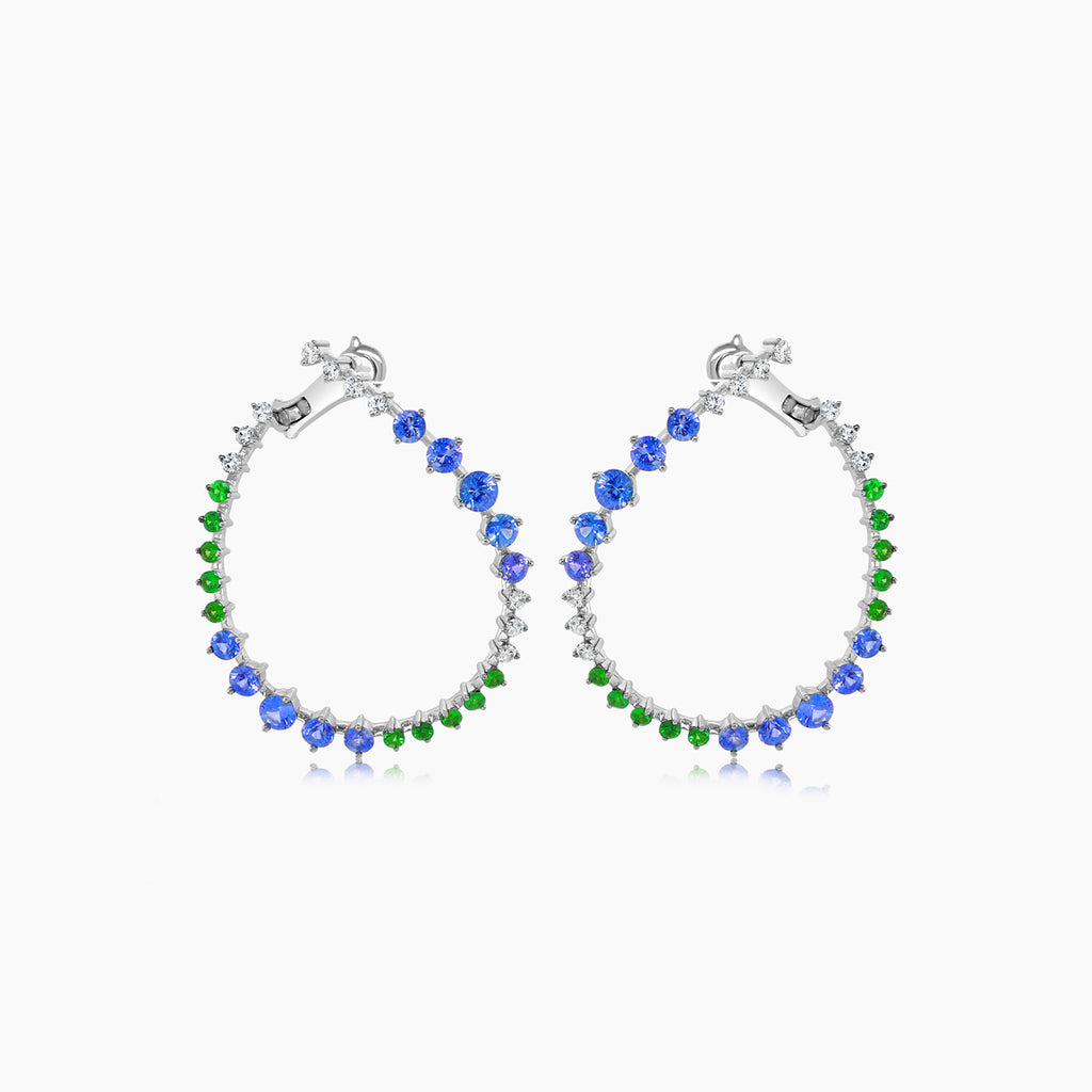Blue Sapphire & Green Garnet & Diamond 18K White Gold Earrings