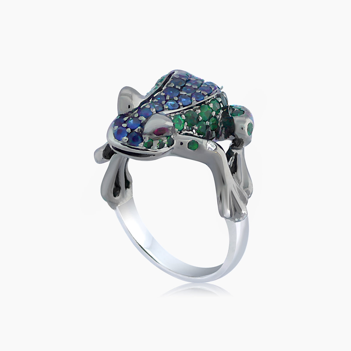 blue sapphire pave & green tsavorite frog 18k white gold statement animal ring