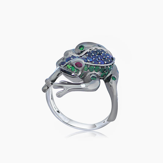 Frog Blue Sapphire & Diamond Pave & Green Garnet 18K Black Gold Animal Ring