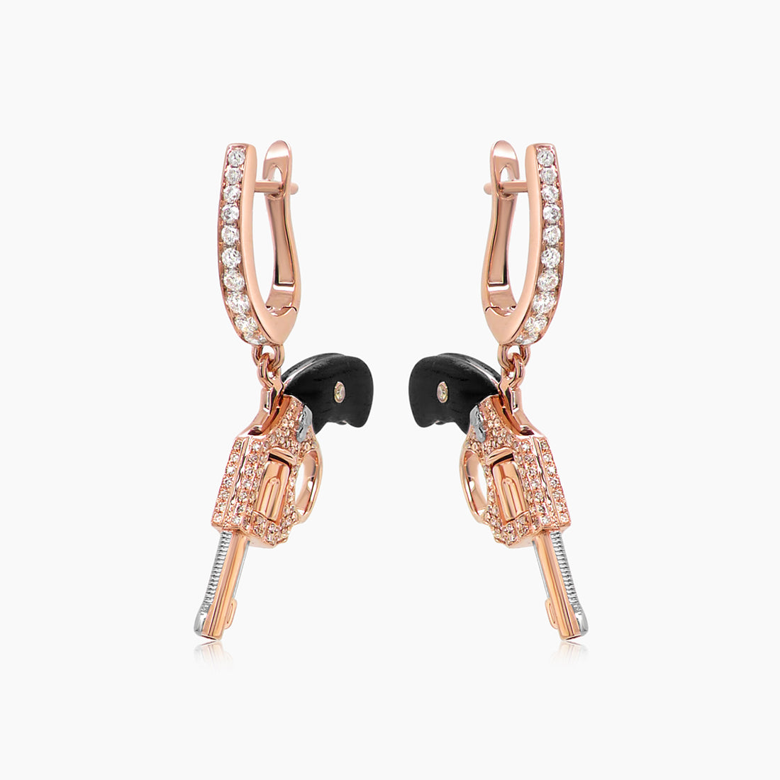 Black Wood, White & Fancy Diamond 18K Rose Gold Gun Earrings