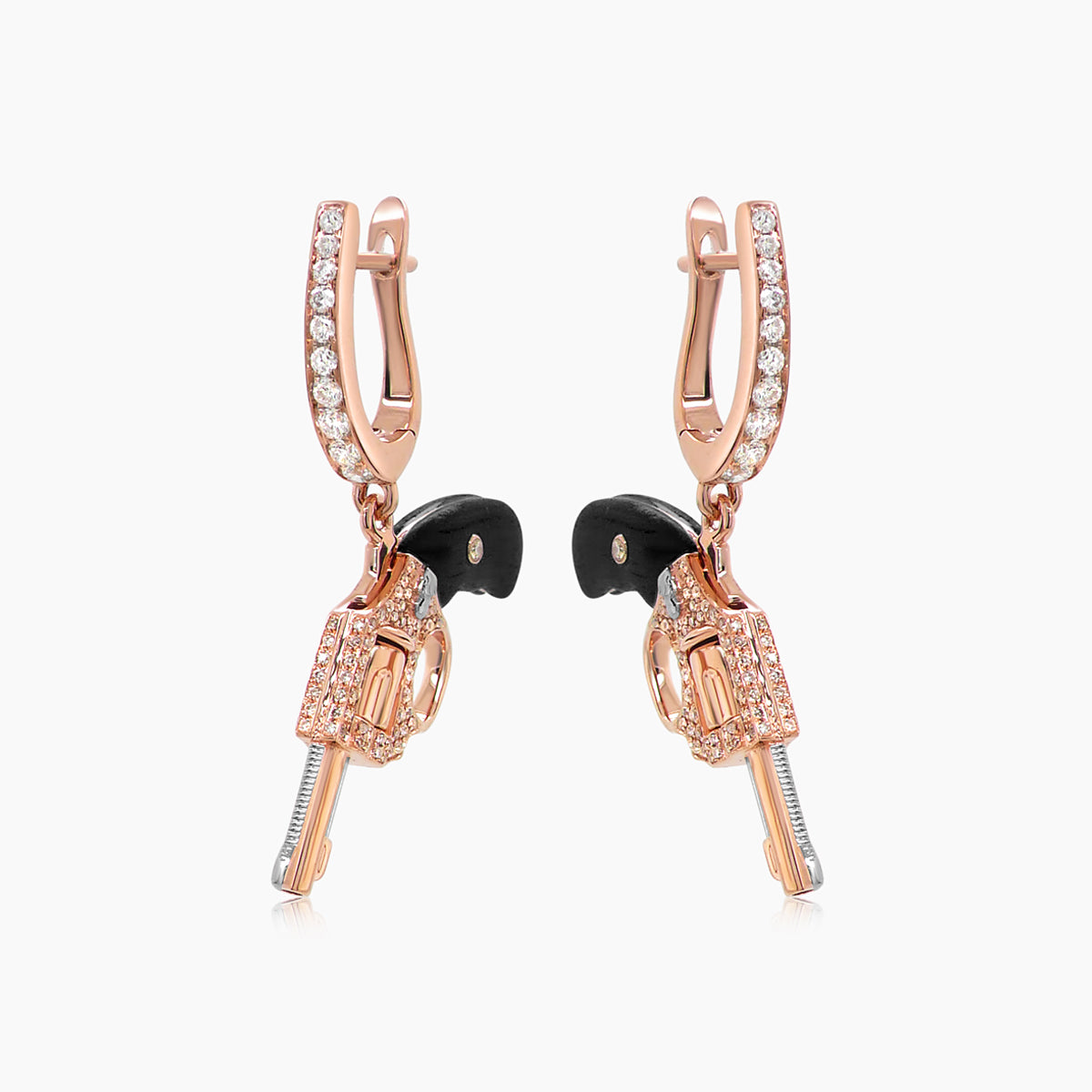 black wood, white & fancy diamond 18k rose gold gun earrings