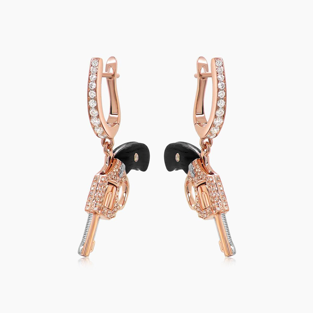 Black Wood, White &amp; Fancy Diamond 18K Rose Gold Gun Earrings